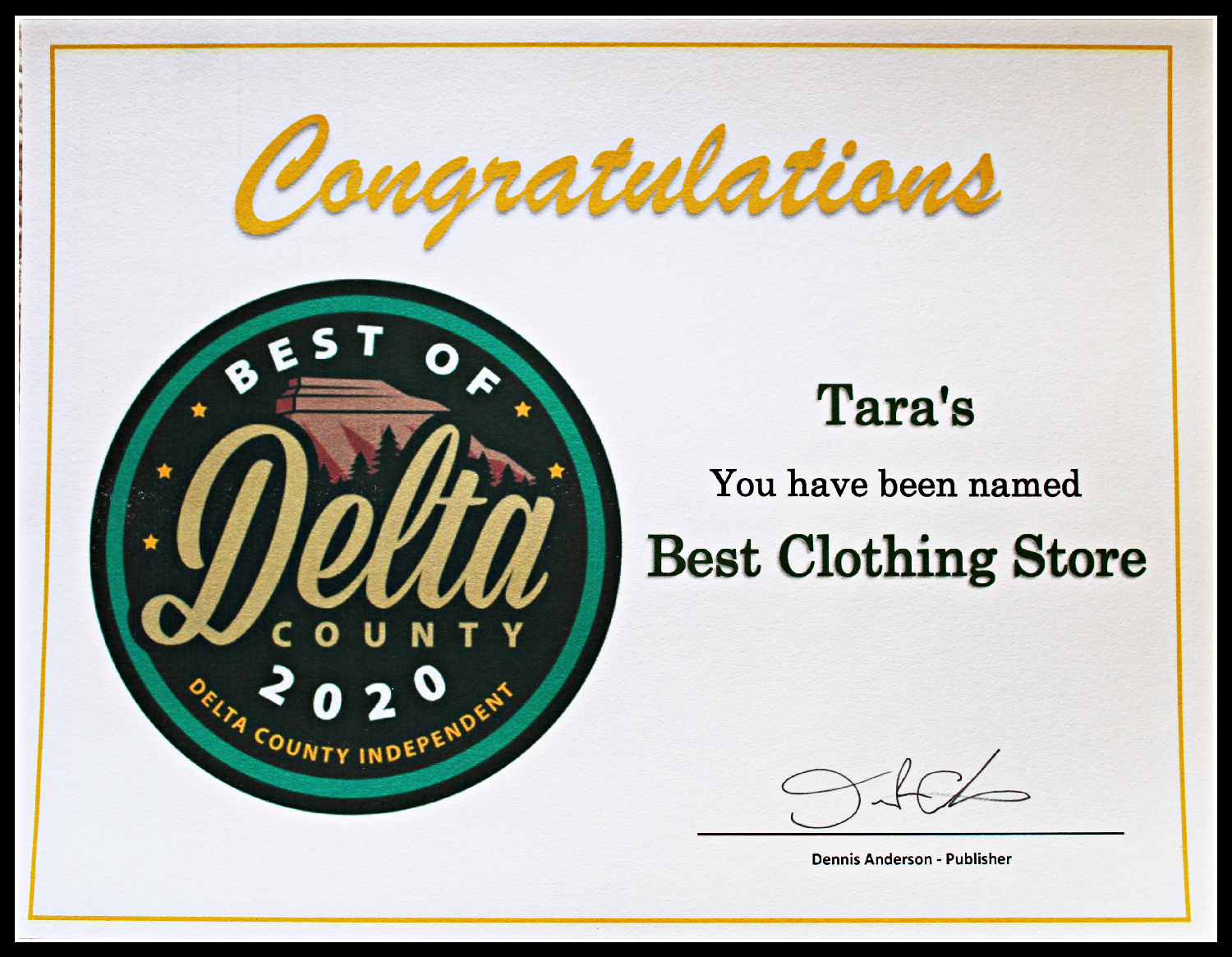 Best of Delta County 2020 award, Best Clothing Store, presented to Tara's