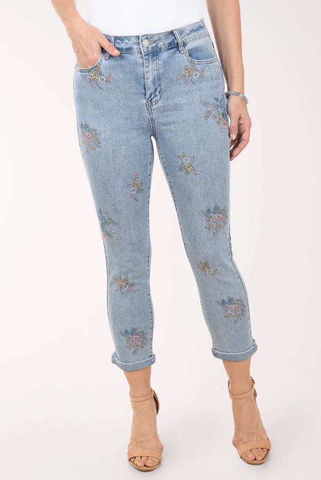 Floral embroidered jeans carried at Tara's